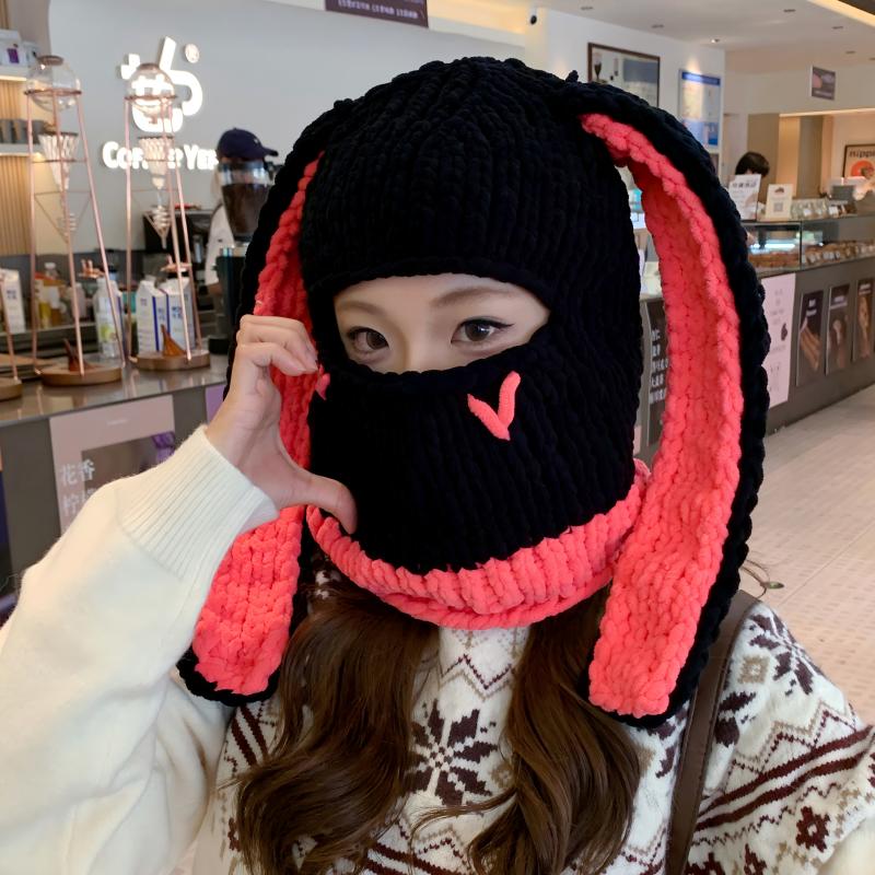 甜酷风长兔耳朵面罩保暖毛线帽女