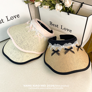 甜美蝴蝶结帽子女夏季黑胶防晒发箍空顶帽2025新款无顶草编遮阳帽