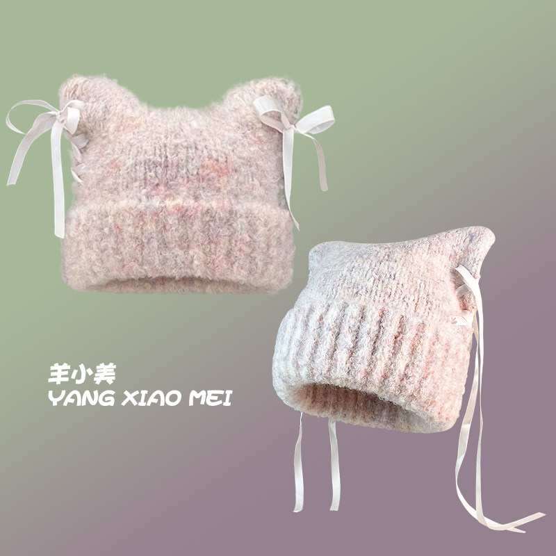 甜美蝴蝶结丝带毛绒帽保暖