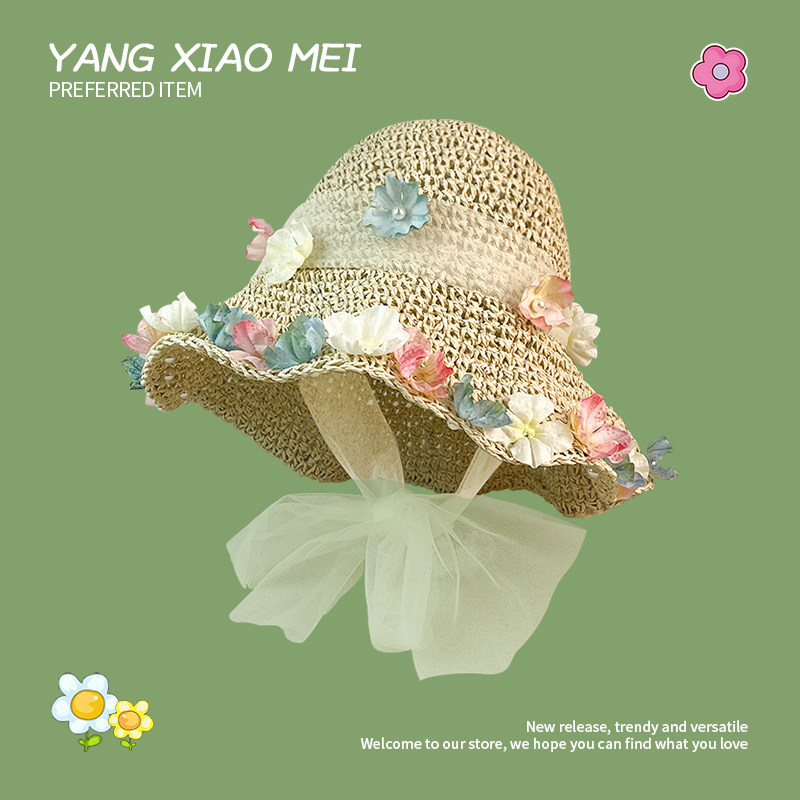 甜美花朵草帽女夏季防晒沙滩遮阳