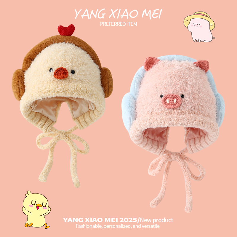可爱耳机小雪人毛绒帽子女冬季加绒加厚亲子护耳帽防寒针织雷锋帽
