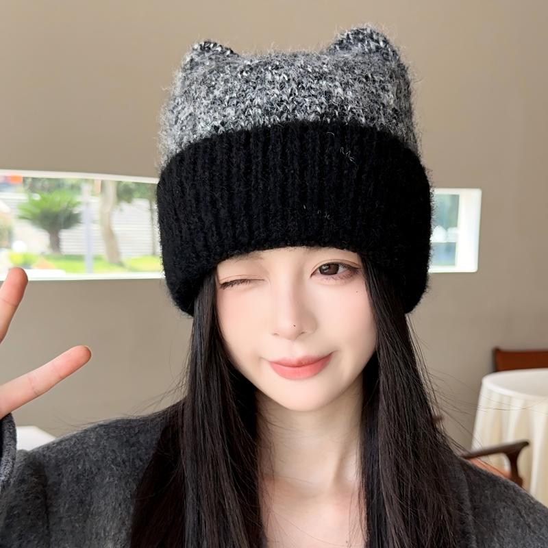 可爱猫耳朵包头针织毛线帽女
