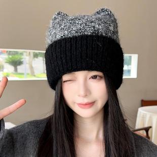 可爱猫耳朵包头针织帽子女秋冬季保暖显脸小护耳帽套头护耳毛线帽