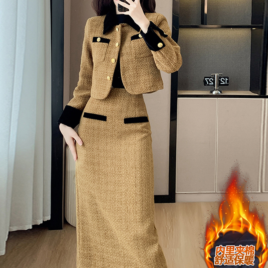秋冬新款高级感粗花呢小香风加厚夹棉短外套半身裙气质两件套装女