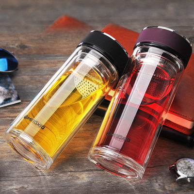 Glass Water Bottle Double-layer Tea Cup 纯色双层高透明玻璃杯