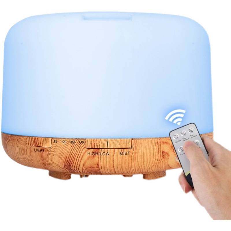 500ml大容量遥控七彩创意香薰灯加湿器家用木纹超声波精油香薰机