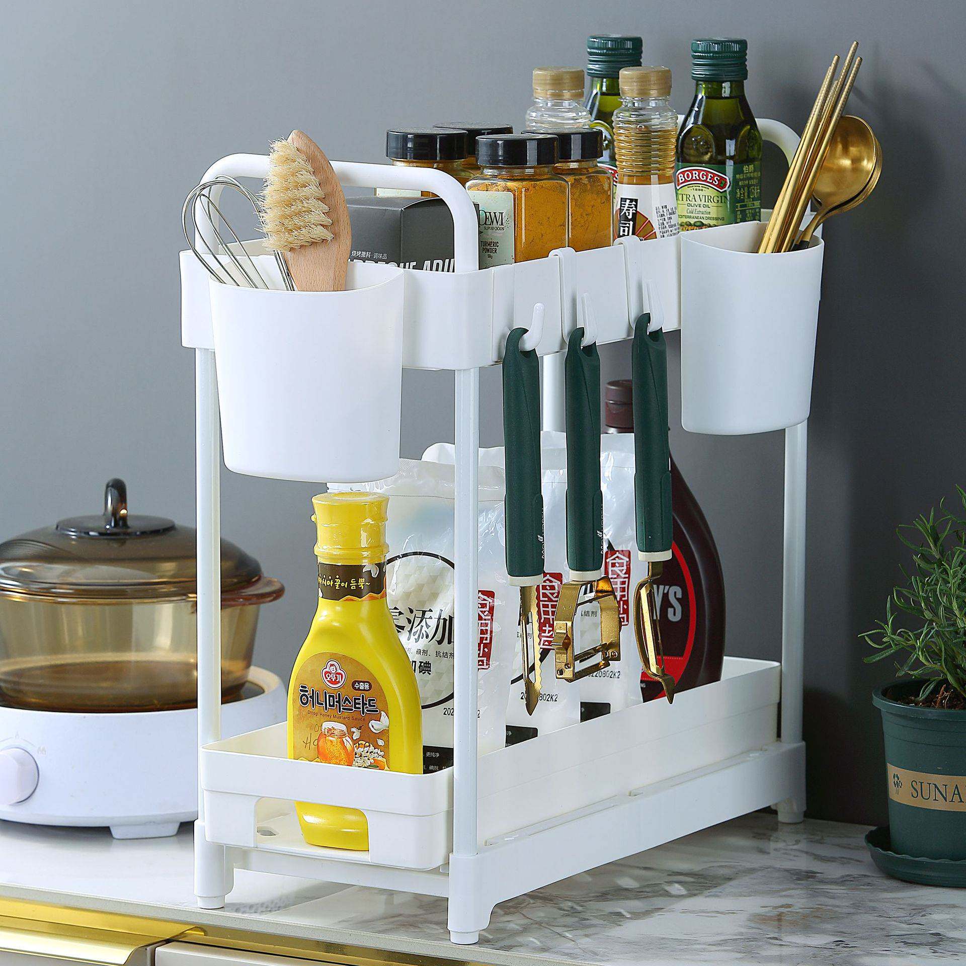 亚马逊抽拉双层下水槽置物架多功能厨房收纳架浴室柜台收纳架塑料