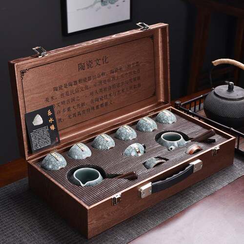 陶瓷哥窑开片金丝铁线侧把壶整套