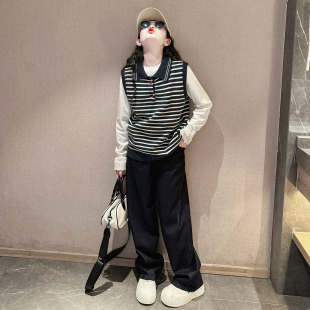 儿童韩系潮酷穿搭大童女孩牛仔阔腿裤 2025新款 三件套 套装 女童秋装