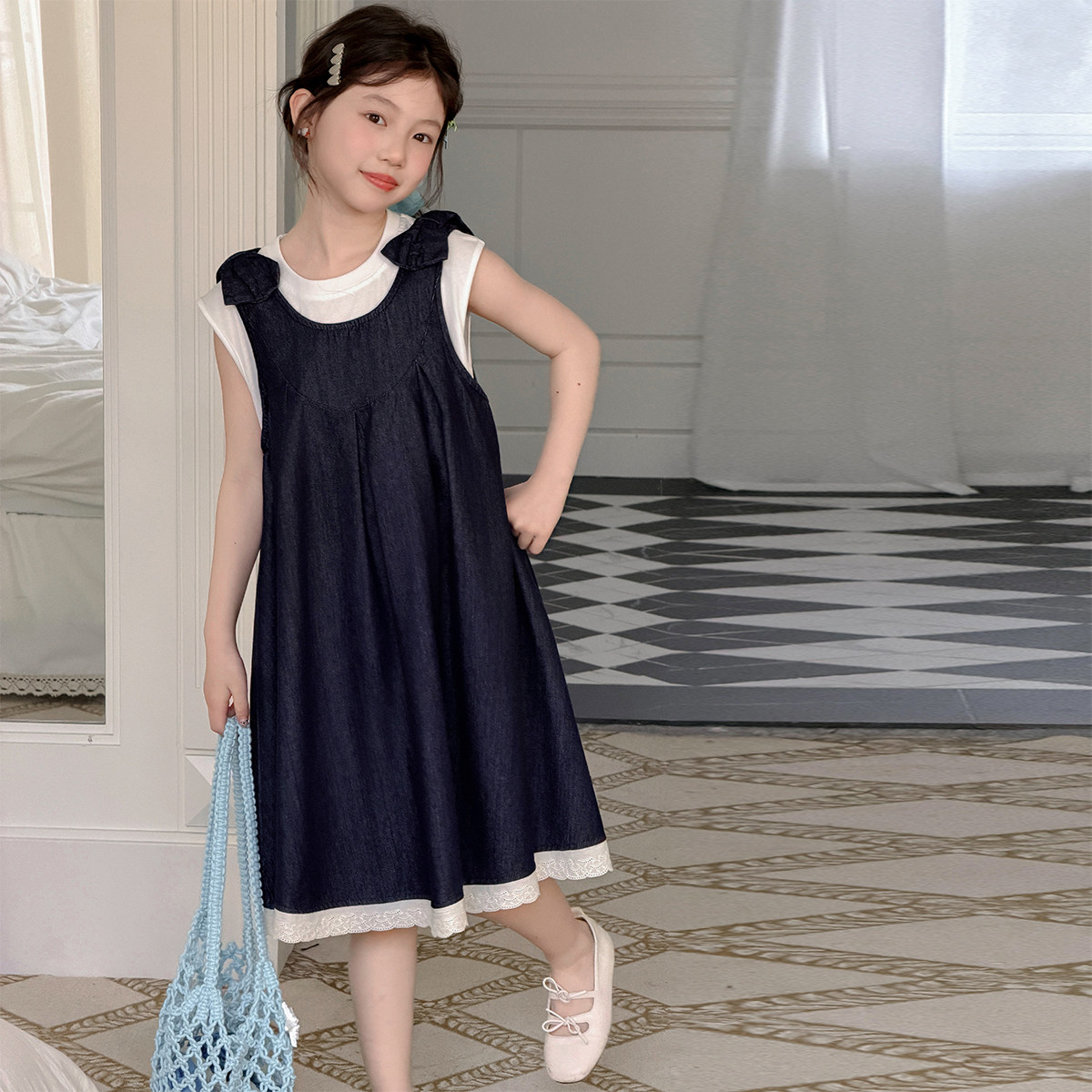 女童裙子夏季2026新款连衣裙女大童洋气牛仔裙女孩夏装背带裙套装