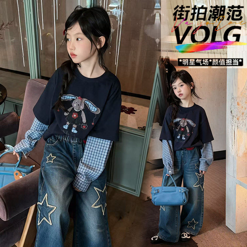 女童秋装长袖t恤2026新款儿童洋气假两件上衣女大童超好看打底衫图片