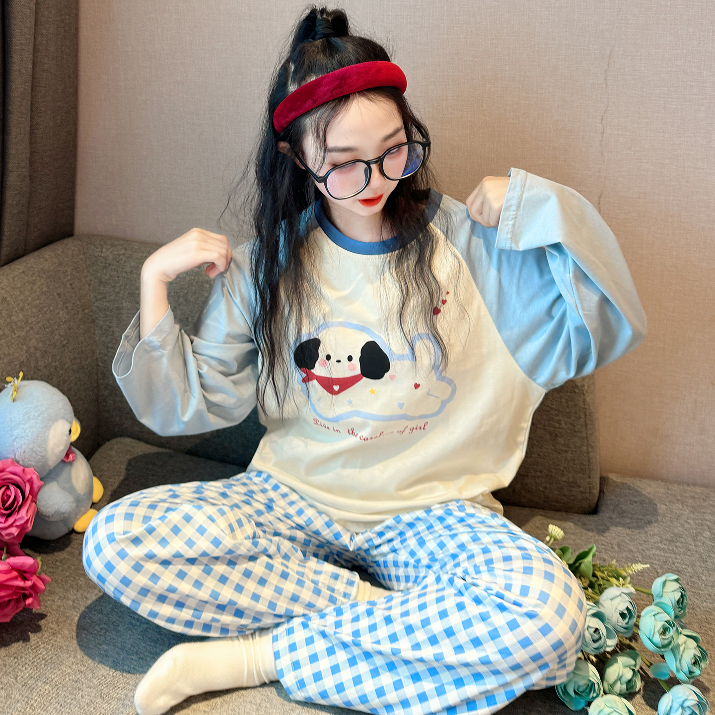 女童睡衣春秋2025新款儿童长袖纯棉家居服女大童带胸垫可外穿套装