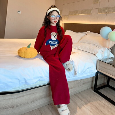 儿童睡衣秋冬款2025新款女孩半边绒家居服女童冬季加厚珊瑚绒套装