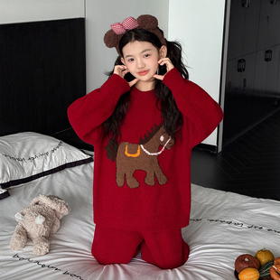 儿童睡衣冬季2025新款女童红色本命年家居服女大童珊瑚法兰绒套装
