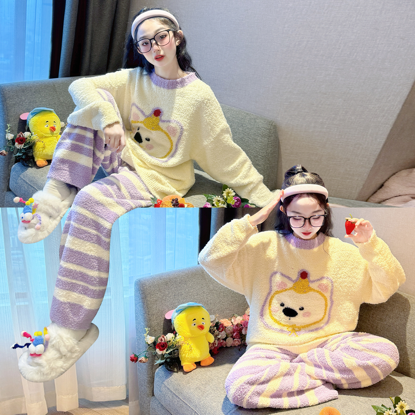 儿童睡衣女冬季2025新款女童半边绒家居服大童女孩加厚珊瑚绒套装