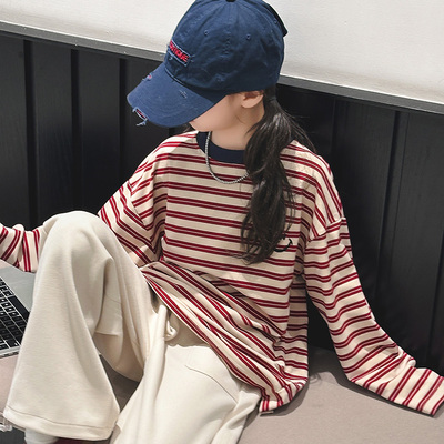 女童长袖t恤秋装2025新款儿童圆领条纹上衣女大童早秋时髦打底衫