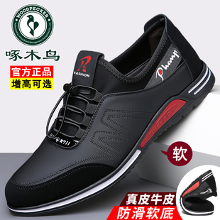 啄木鸟男鞋新款真皮休闲皮鞋男软底运动鞋防滑内增高鞋透气驾车鞋