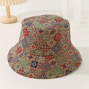 民族风复古软木碎花拼色渔夫帽碎花帽遮阳帽派对装扮帽子拍照道具