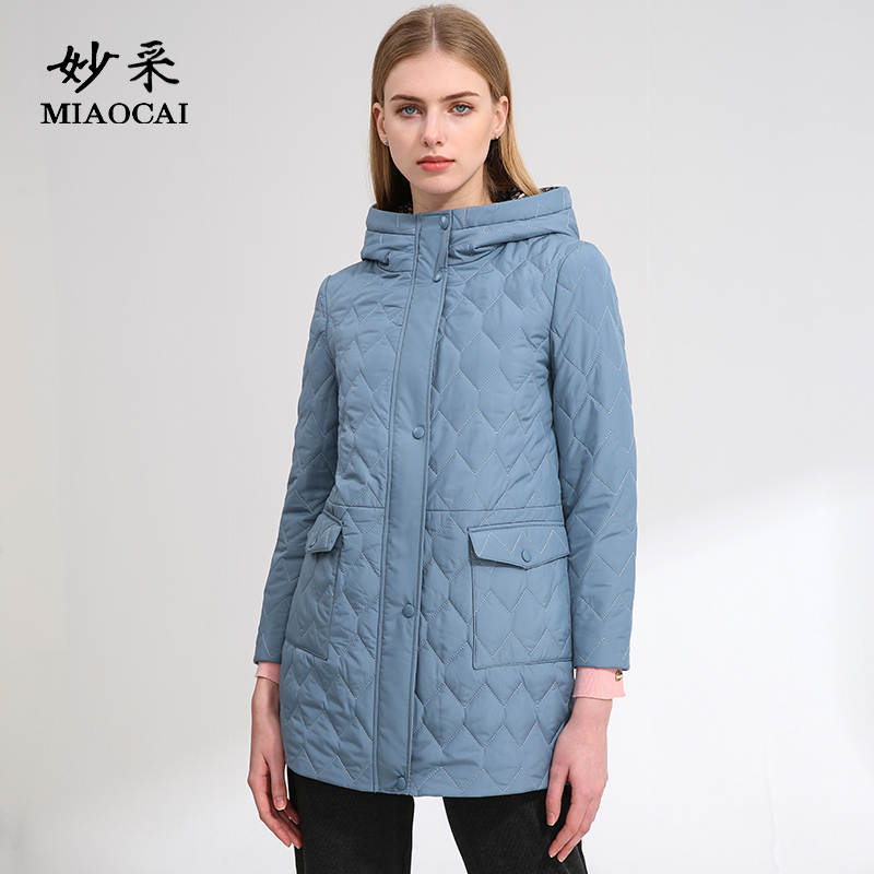 妙采立领连帽浅蓝色中长款棉服