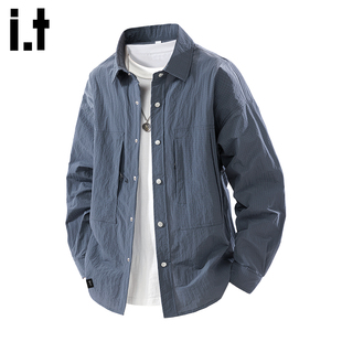 it :5cm/FIVECM复古格子翻领速干长袖衬衫男款春秋季防晒宽松上衣