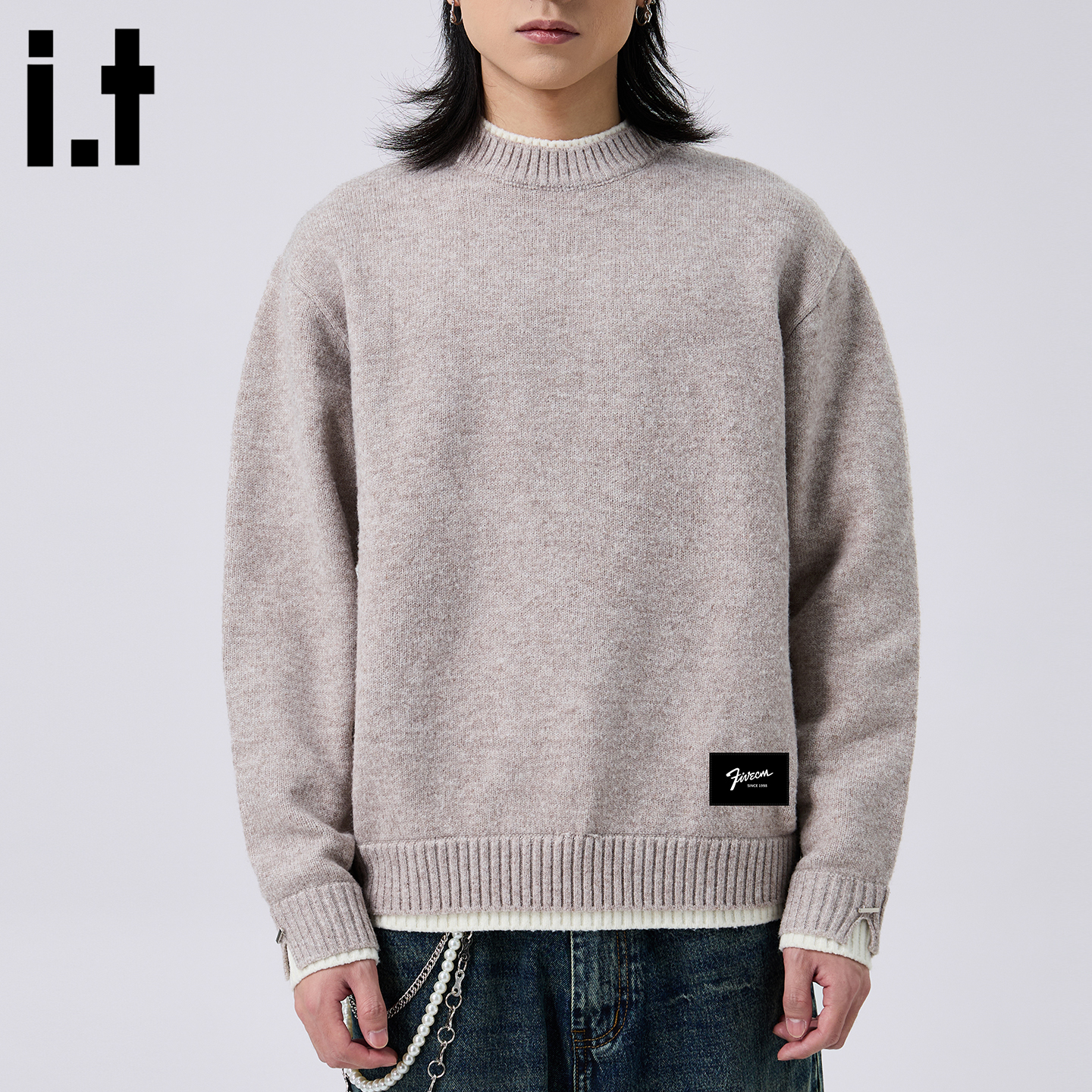 假两件拼接长袖套头针织毛衣男