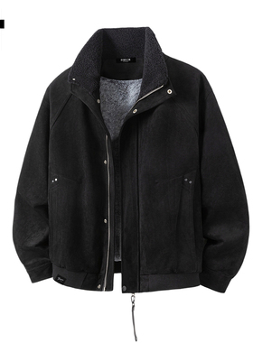 it :5cm/FIVECM黑色羊羔毛领加绒加厚麂皮外套男士冬季防风夹克潮