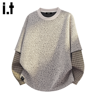 美式 2025秋季 FIVECM假两件拼接t恤男款 复古圆领宽松上衣 5cm