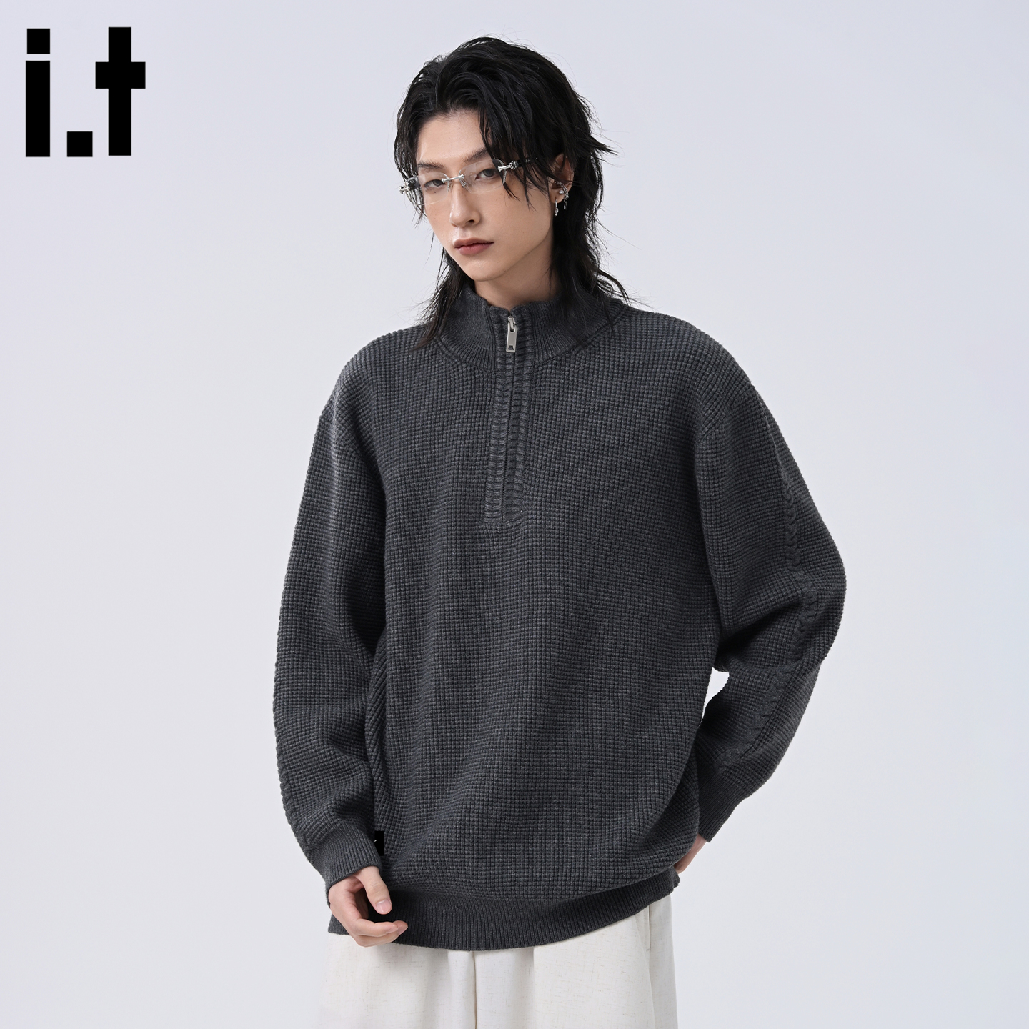 IT5cm翻领撞色长袖毛衣