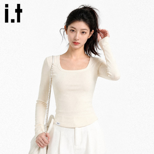 itFIVECM纯色方领长袖T恤女