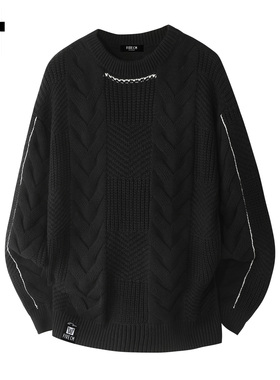 it :5cm/FIVECM痞帅黑色麻花毛衣男款2025秋季内搭宽松针织衫上衣
