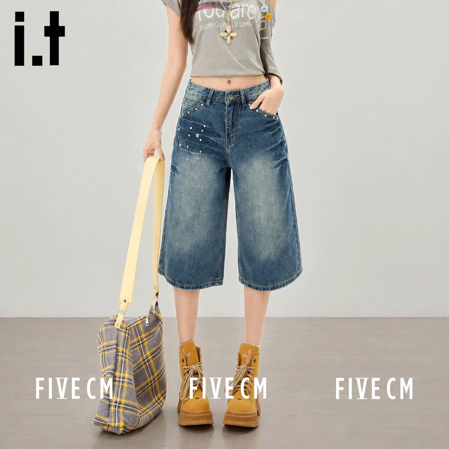 itFIVECM镶钻铆钉七分牛仔裤女