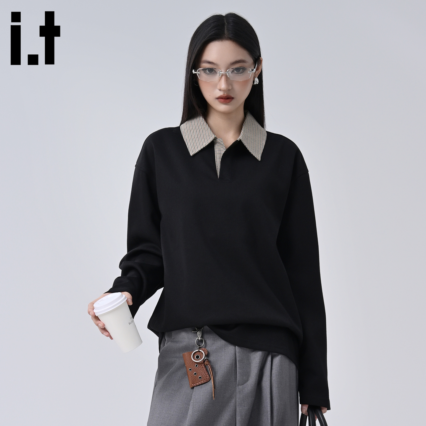 黑色拼接翻领长袖宽松卫衣男女