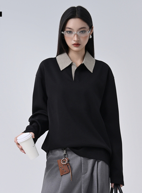 it :5cm/FIVECM黑色拼接翻领长袖宽松卫衣男女2025新款慵懒上衣秋