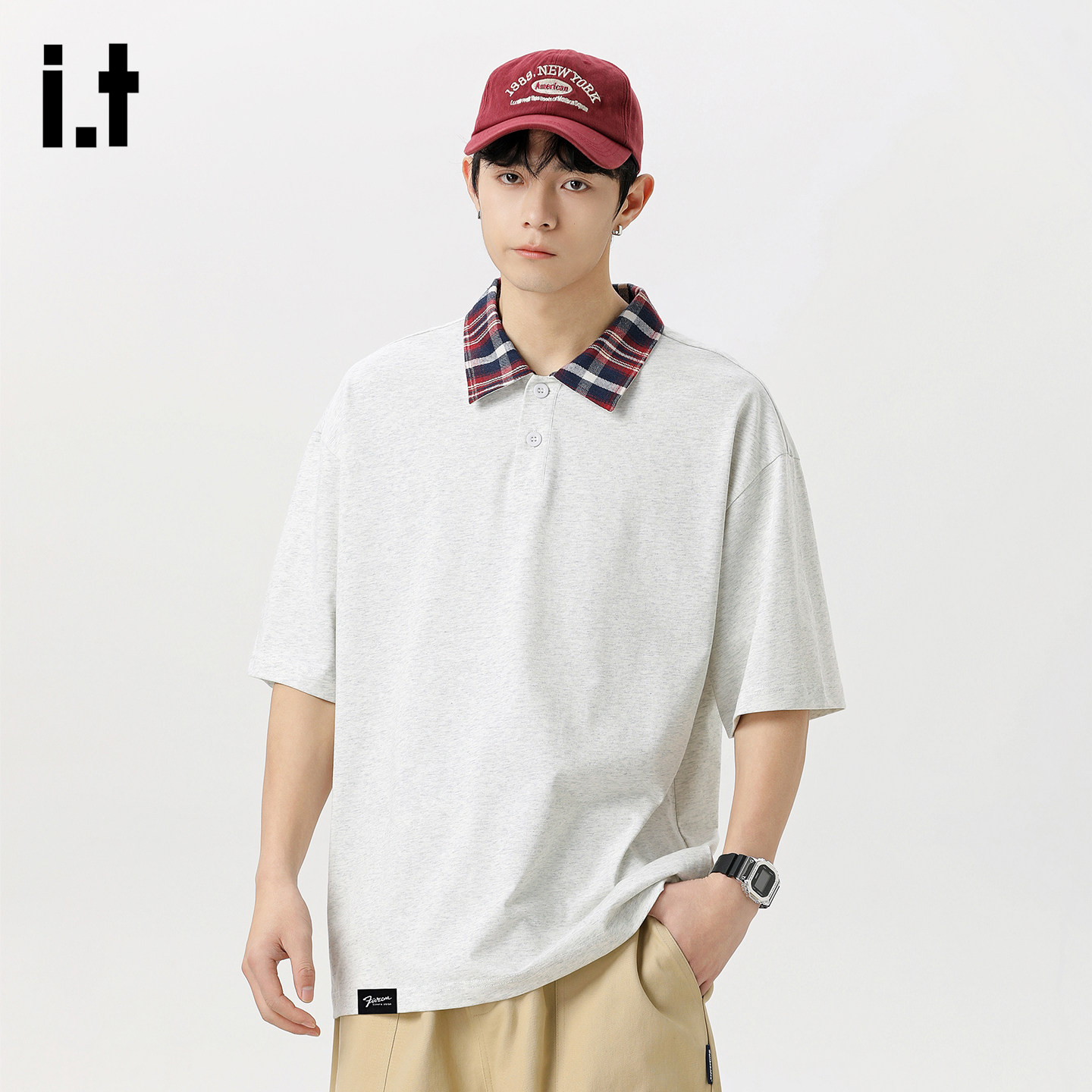 it :5cm/FIVECM美式复古格子领polo衫男夏季翻领花格领假两件T恤