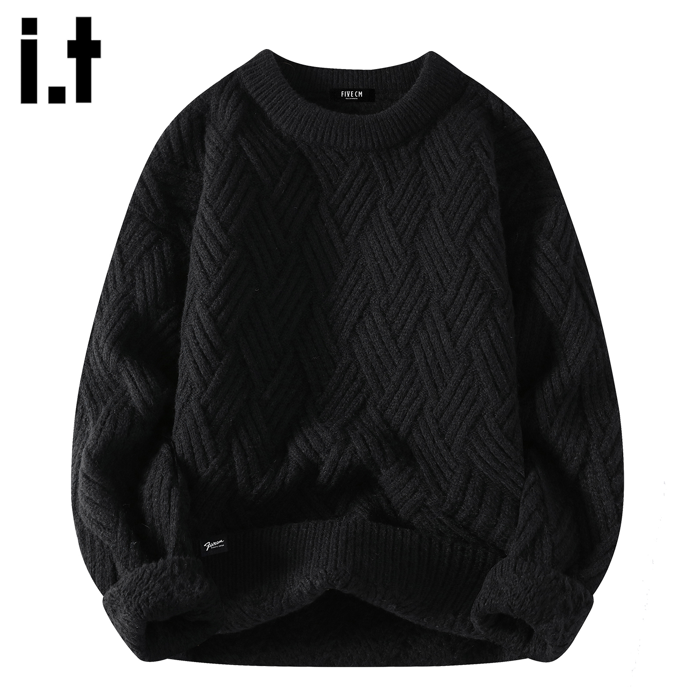 it :5cm/FIVECM黑色宽松针织外套男士秋冬潮流粗麻花圆领套头毛衣