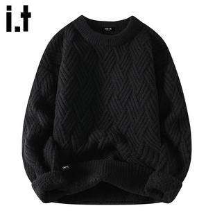 it :5cm/FIVECM黑色宽松针织外套男士秋冬潮流粗麻花圆领套头毛衣