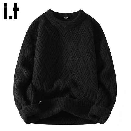 it :5cm/FIVECM黑色宽松针织外套男士秋冬潮流粗麻花圆领套头毛衣