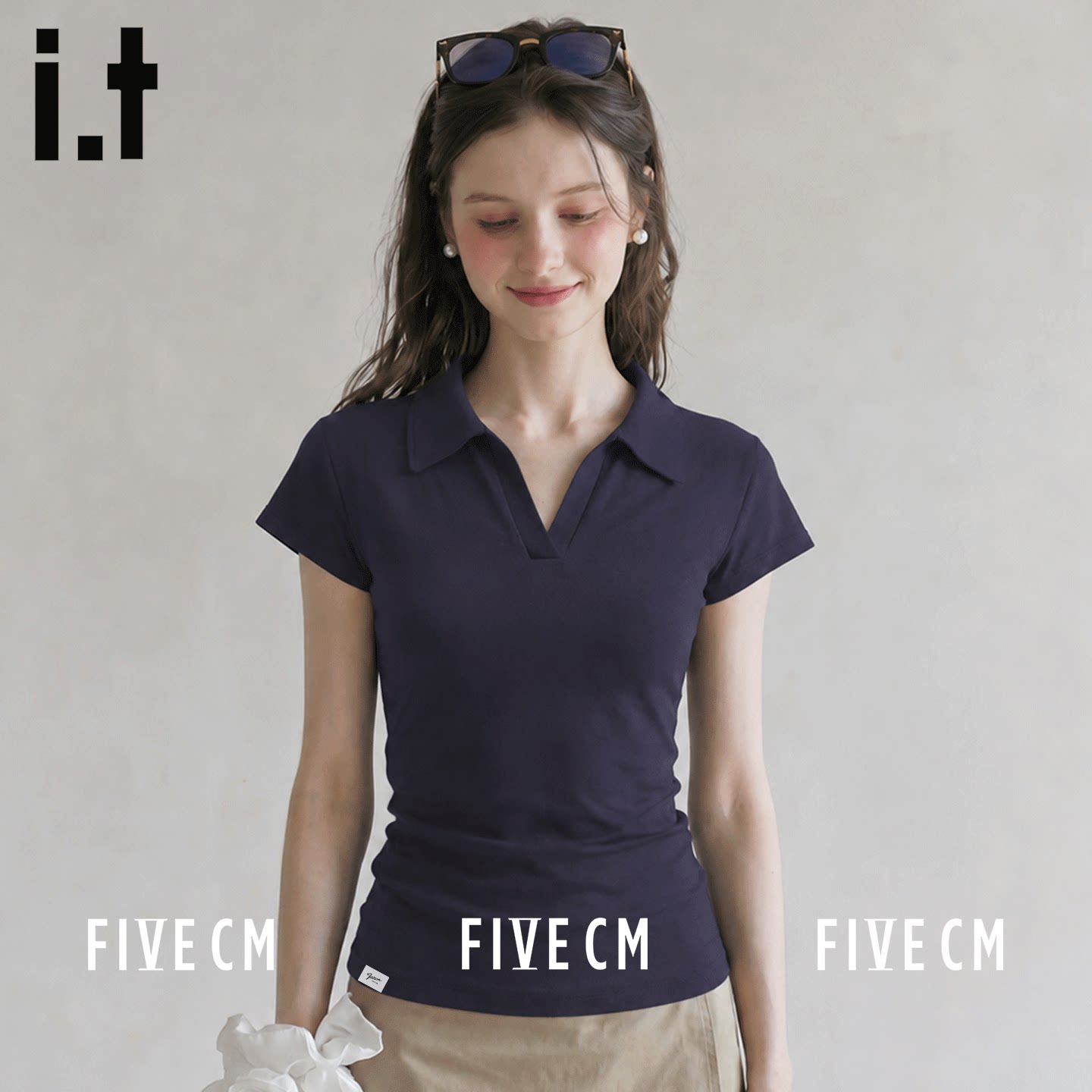 itFIVECM法式翻领V领polo短袖女