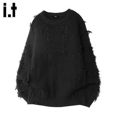 春秋冬季男士流苏圆领毛衣