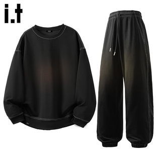 it :5cm/FIVECM黑色套装一整套男款2025新款秋冬季卫衣长裤两件套