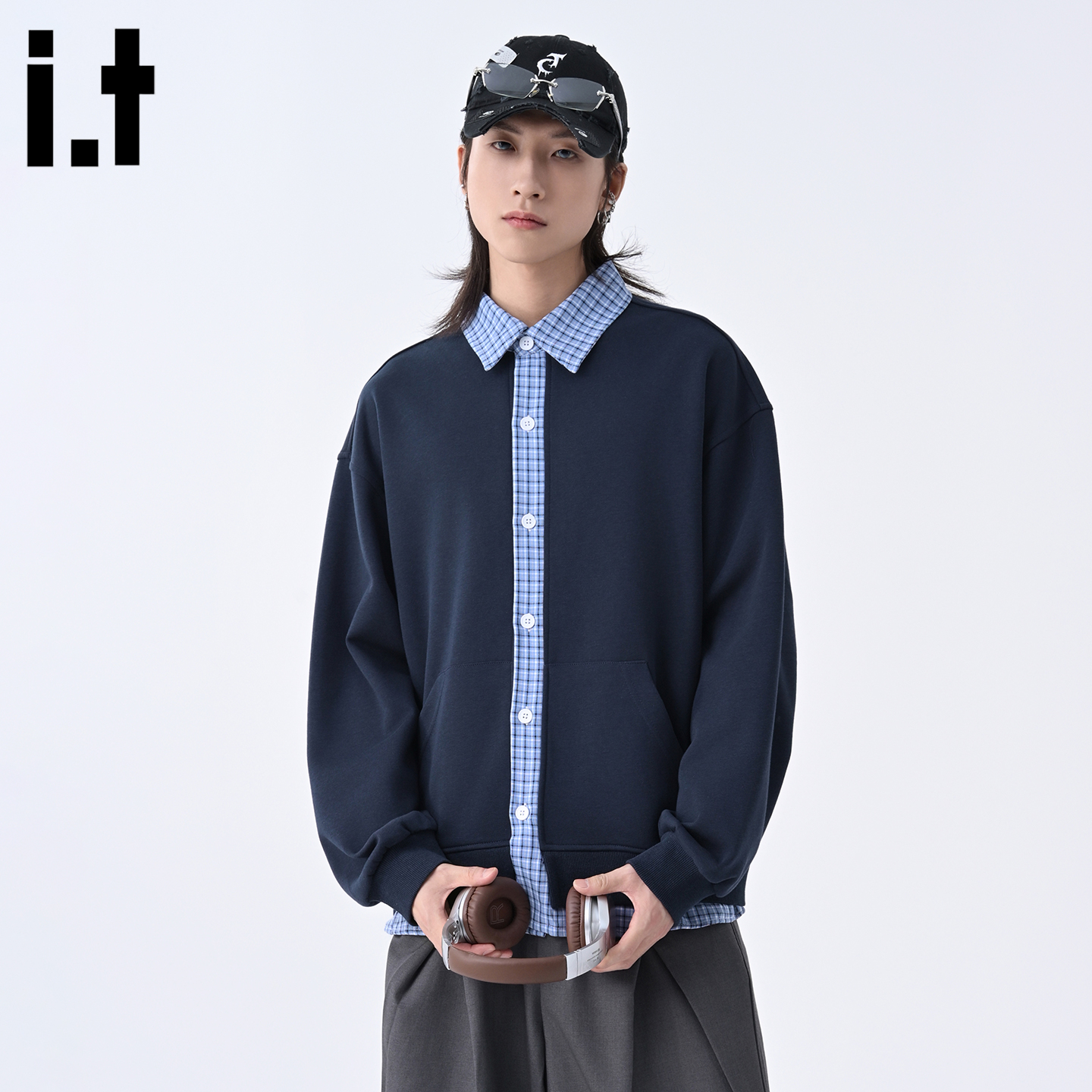 IT拼接衬衫领长袖开衫卫衣外套男