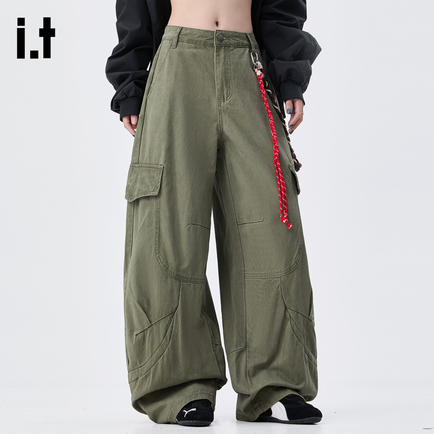 FIVEcm绿色伞兵工装阔腿裤