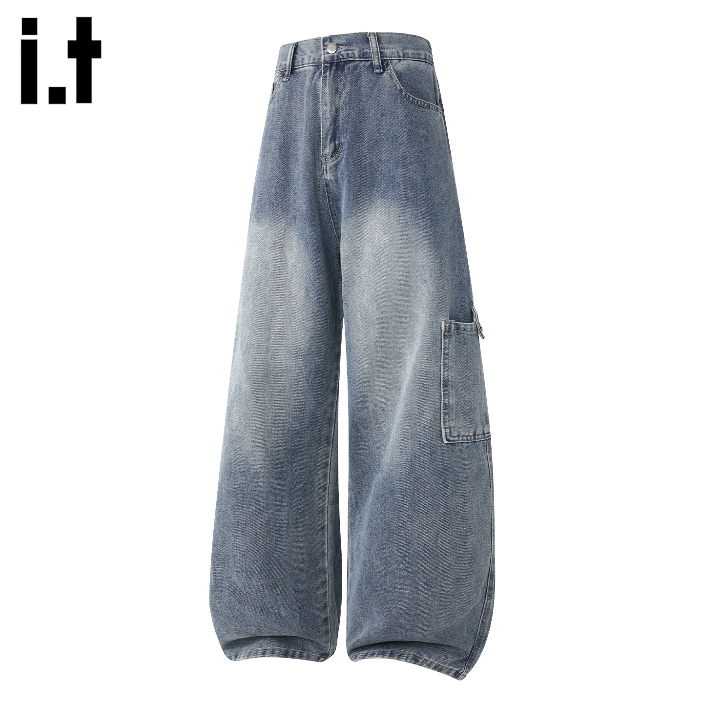 FIVEcm潮牌浅蓝口袋阔腿牛仔裤
