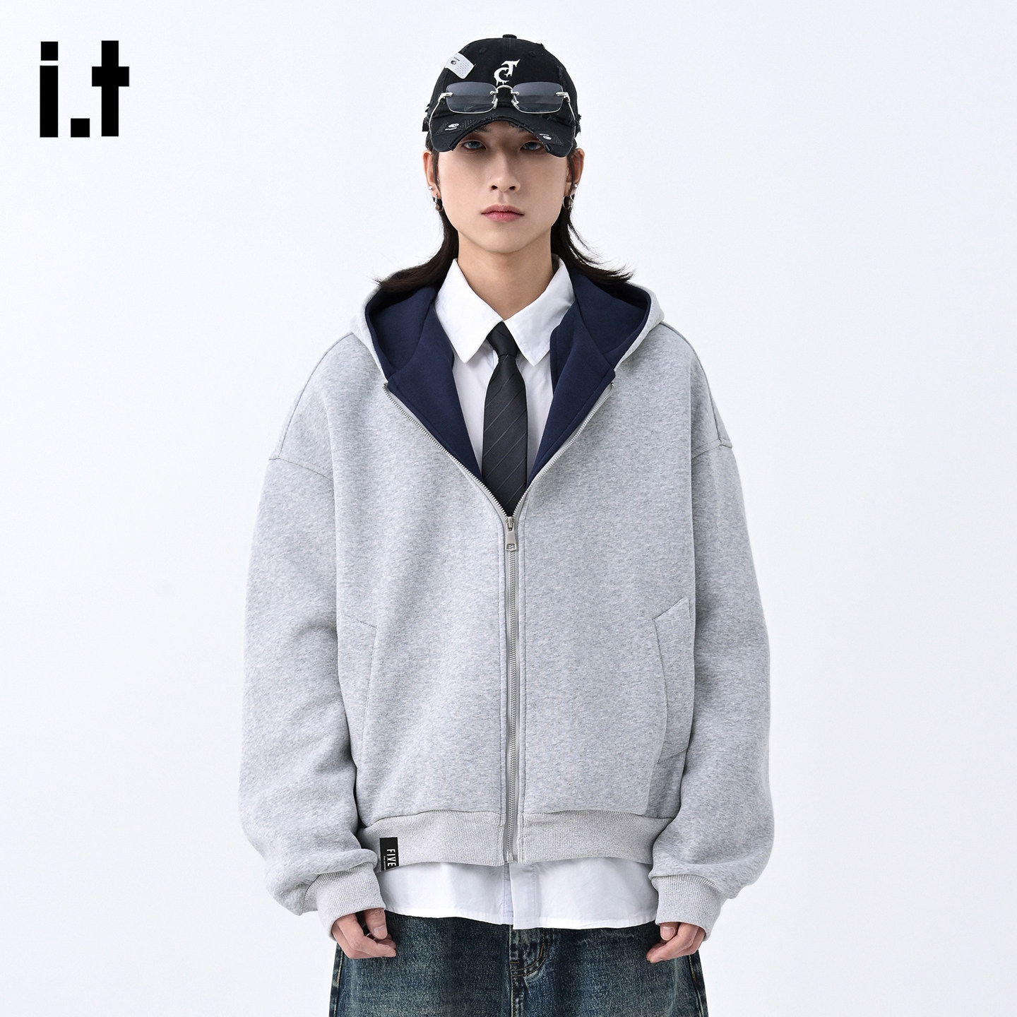it :5cm/FIVECM灰色连帽长袖拉链开衫卫衣外套男士2025秋宽松上衣