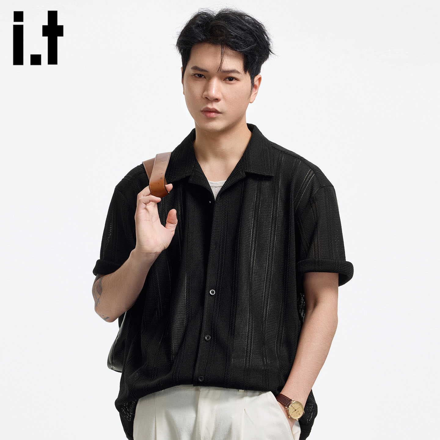 it :5cm/FIVECM衬衫男生短袖夏季休闲POLO衫黑色潮牌外套宽松上衣