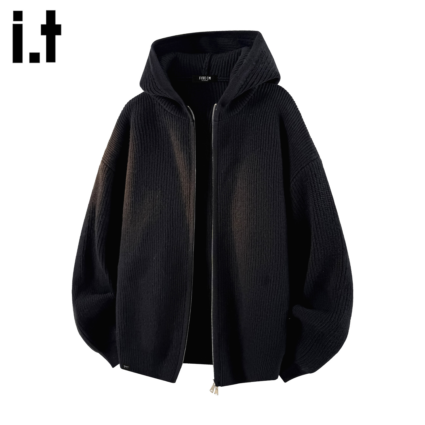 时尚黑色连帽拉链针织开衫外套