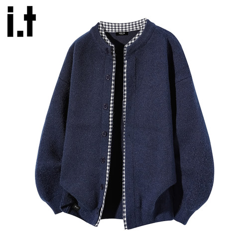 落肩袖不易变形拼接秋冬圆领开衫