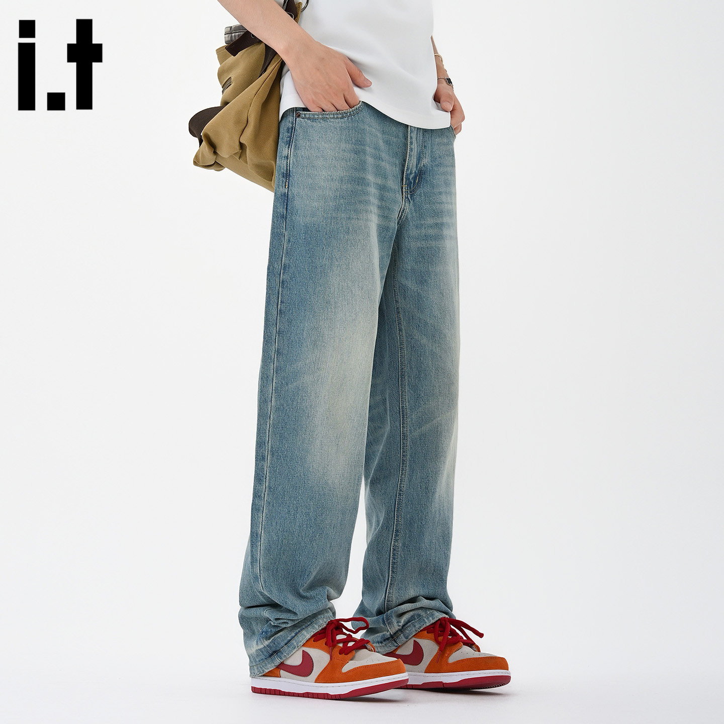 it :5cm/FIVECM潮流水洗浅蓝色直筒裤牛仔裤男士2025秋季宽松长裤