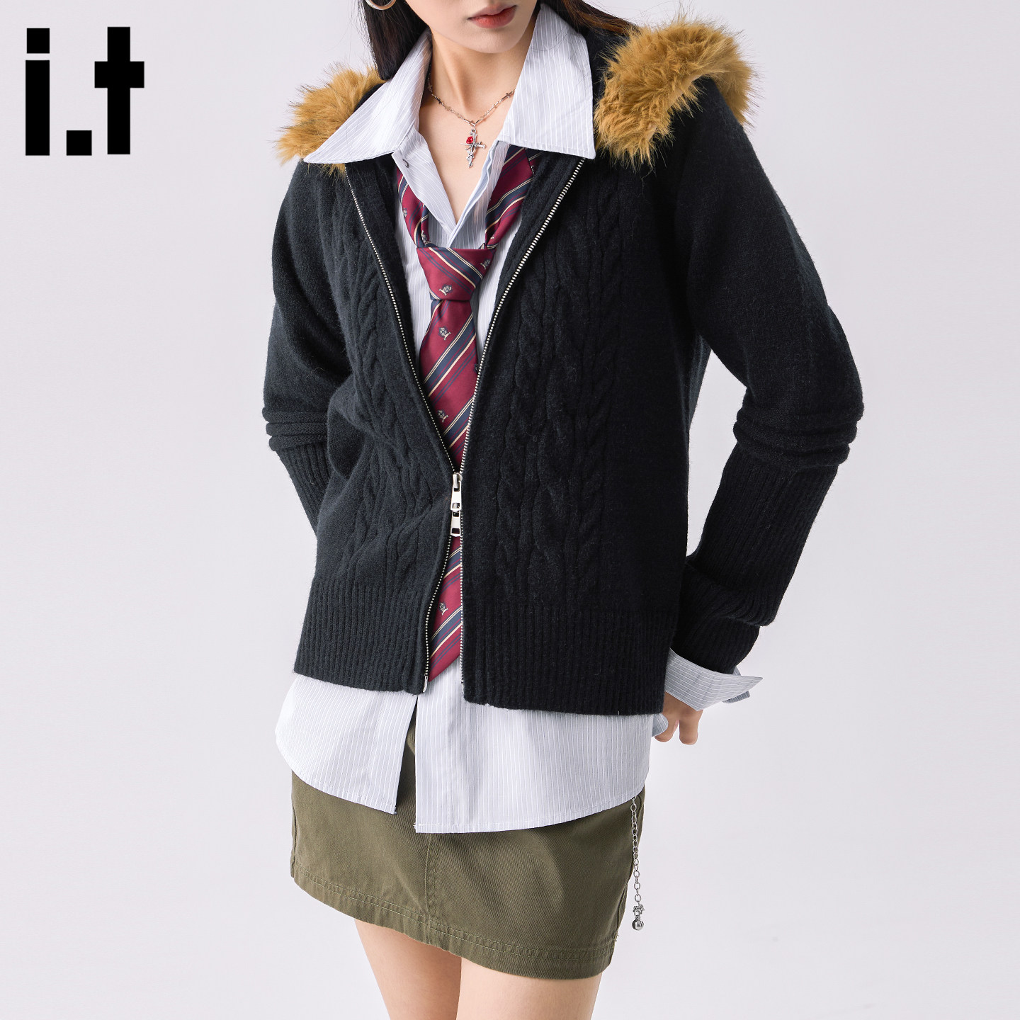 it :5cm/FIVECM大毛领连帽长袖针织开衫外套女款2026春季新款上衣