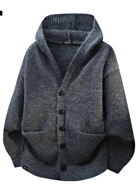 it :5cm/FIVECM灰色单排扣连帽开衫毛衣男款秋冬宽松休闲针织外套